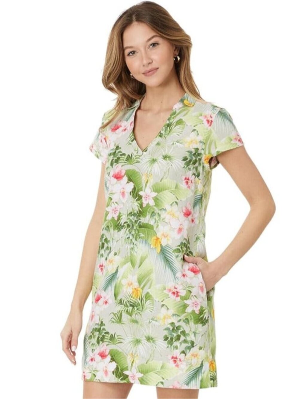 TOMMY BAHAMA Flora Riveria Linen Short Sleeve Dress Size Small Pure Khaki